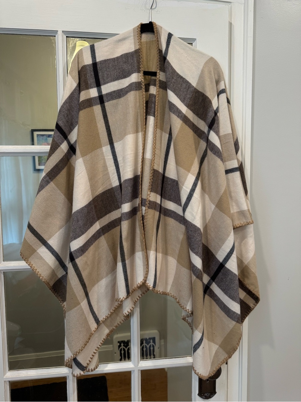 Neutral Plaid Shawl Wrap in Beige, Cream & Brown